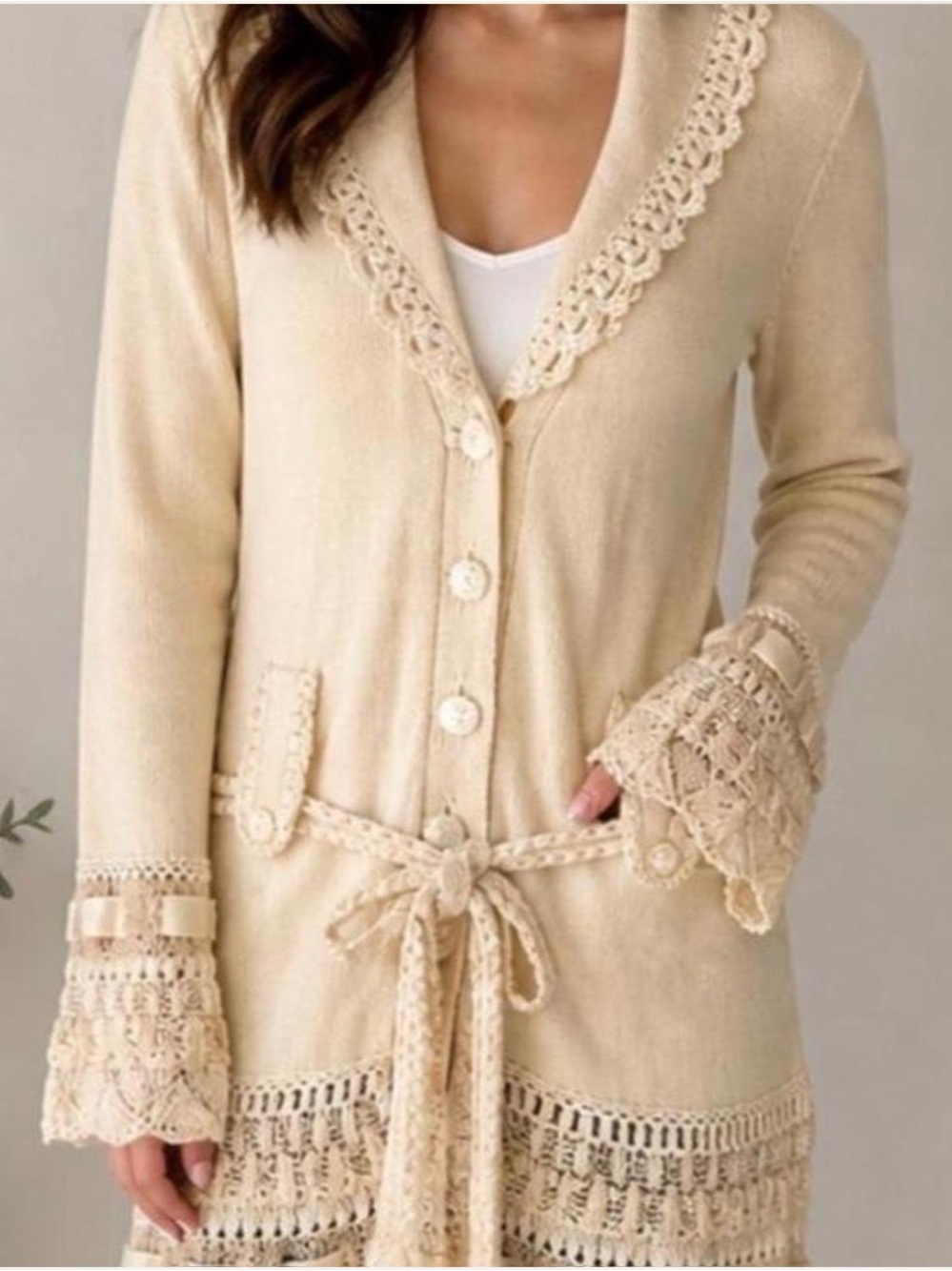 Nanette Lepore Cream Crochet-Trim Tie-Waist Cardigan